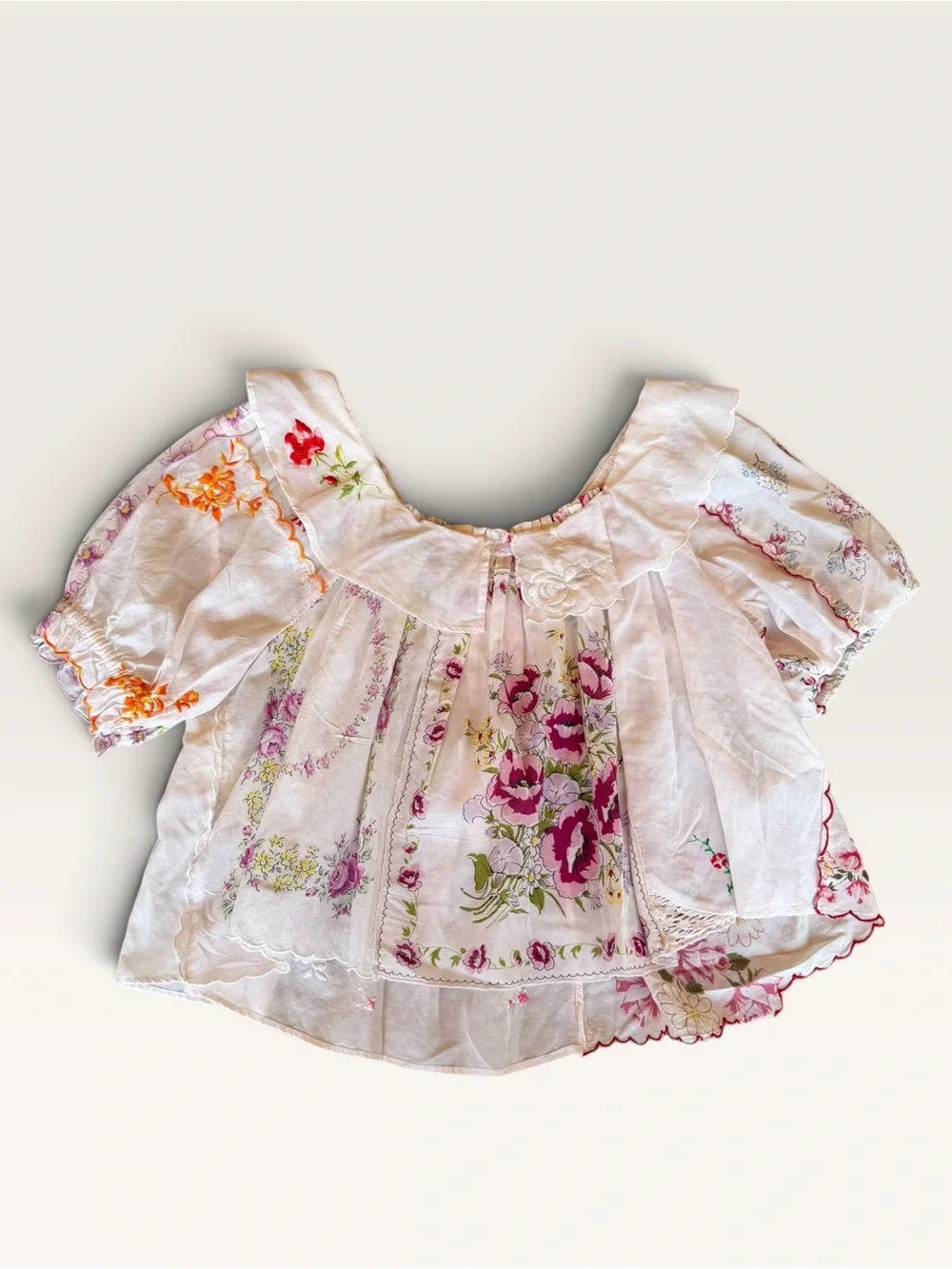 Anthropologie White Floral Puff Sleeve Blouse with Pink & Green Accents